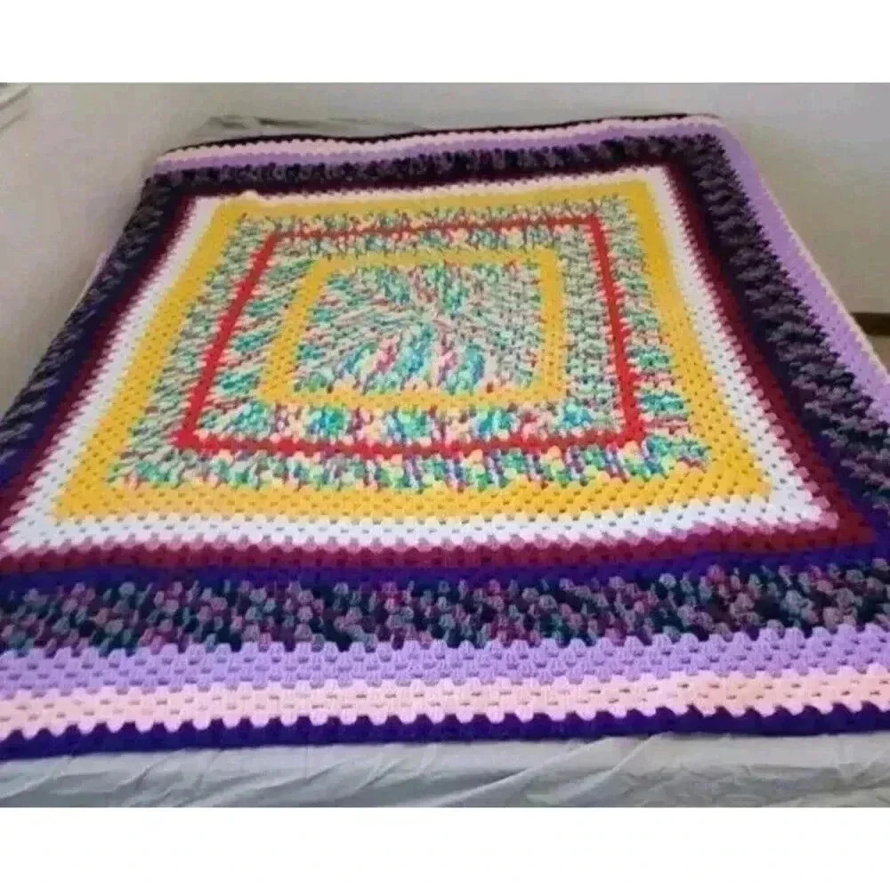 Vintage handmade multicolor boho afghan Knit blanket 68x33in - Picture 5 of 5